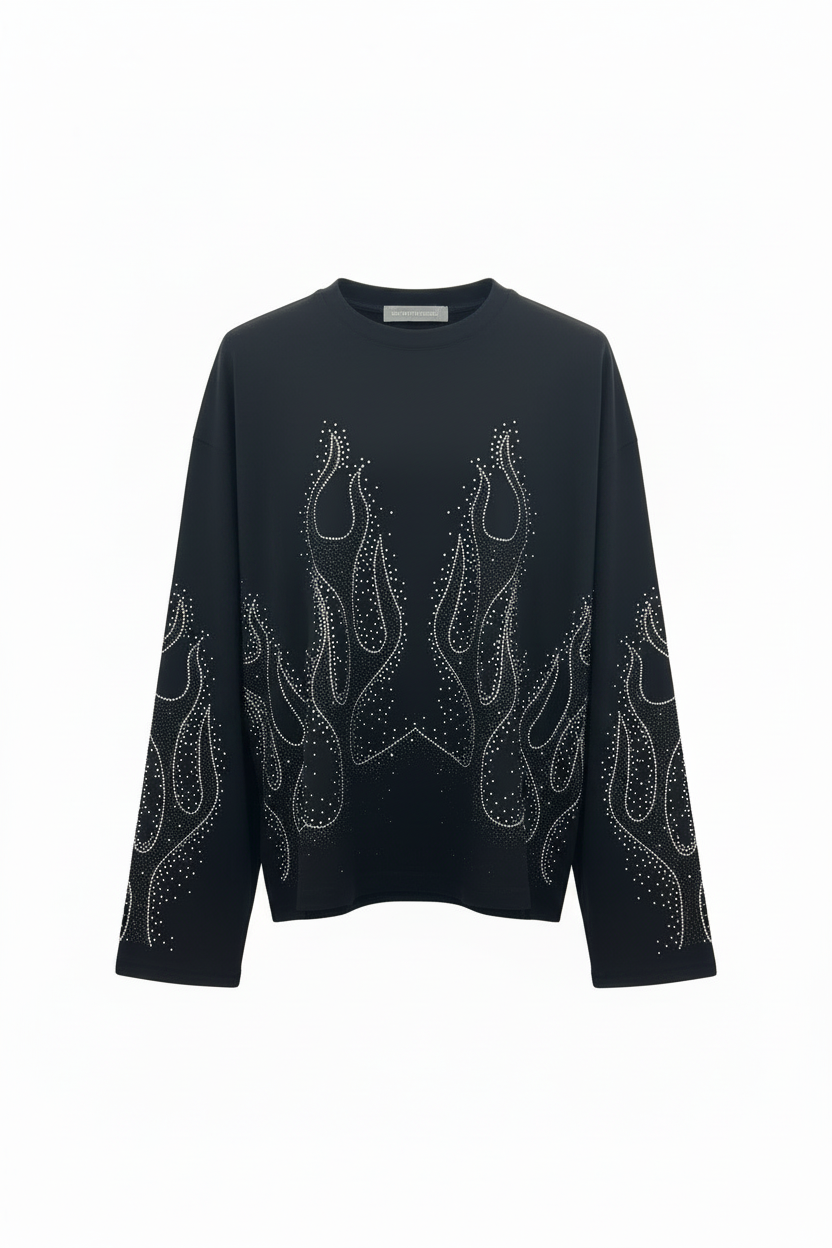 Ghost Mannequin Longsleeve Nera Fiamme Strass Boxy DSTR11