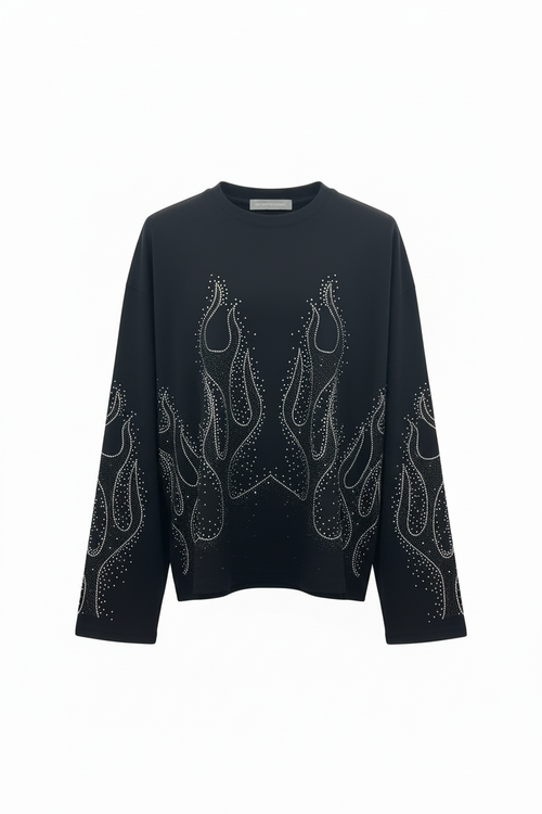 Ghost Mannequin Longsleeve Nera Fiamme Strass Boxy DSTR11
