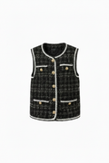 gilet tweed nero donna bottoni dorati profili bianchi ghost mannequin sfondo bianco made in italy distrettoundici