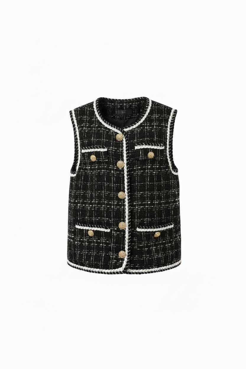 gilet tweed nero donna bottoni dorati profili bianchi ghost mannequin sfondo bianco made in italy distrettoundici