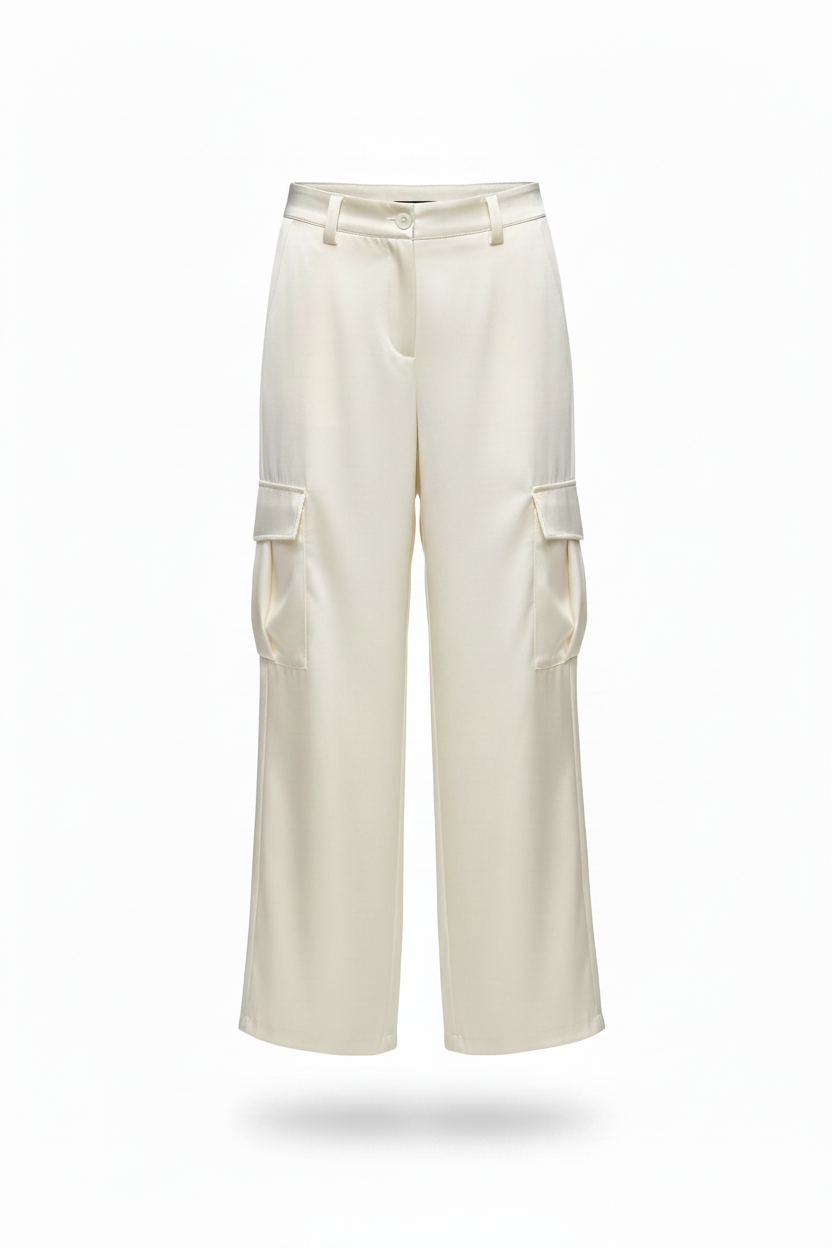 pantalone cargo satin bianco panna donna vita alta wide leg ghost mannequin sfondo bianco made in italy distrettoundici